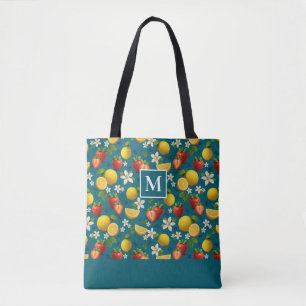 Fresh Fruit Strawberry & Lemon Monogram Tote Bag