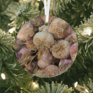 Fresh garlic at a market in the Provence  Glass Tree Decoration