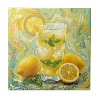 Fresh Glass of Lemonade and Lemons Abstract Art  Tile