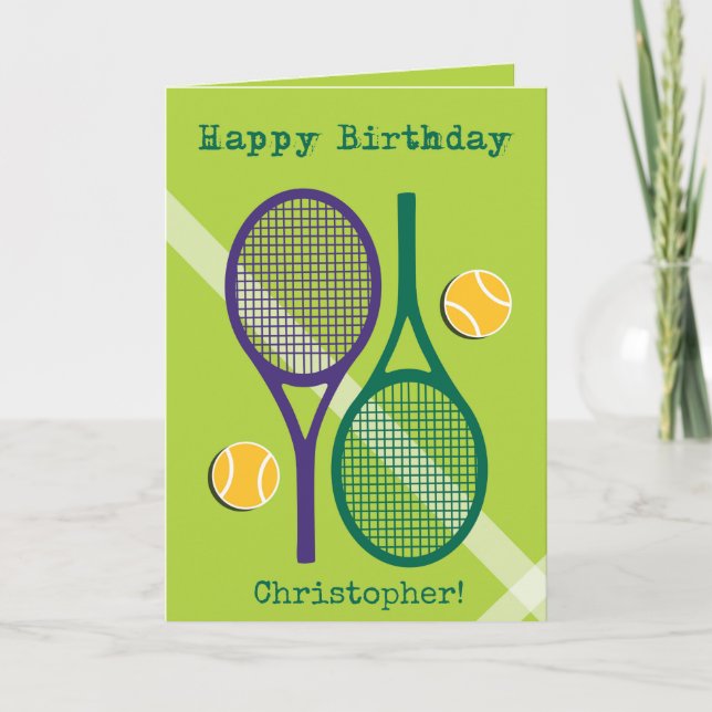 Fresh green and purple tennis racket Birthday Card (Front)