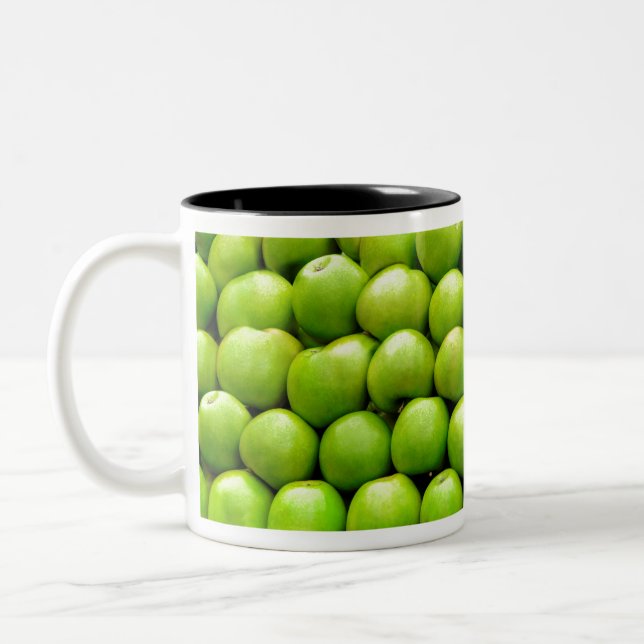 Fresh green apple fruit pattern background Two-Tone coffee mug (Left)