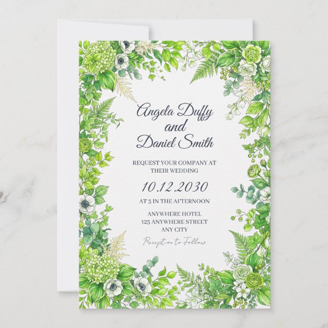 Fresh Green Floral Wedding Invitation (Front)