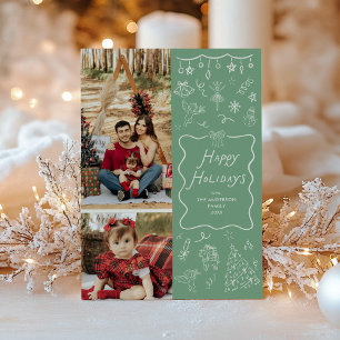 Fresh Green Hand Drawn Icon Happy Holidays 2 Photo Holiday Card