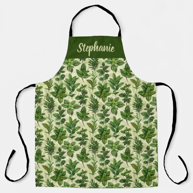 Fresh Green Herbs Kitchen Apron (Front)