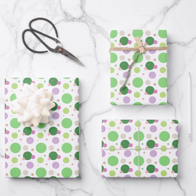 Fresh Green & Purple Polka Dot Pattern Wrapping Paper Sheet (Front)