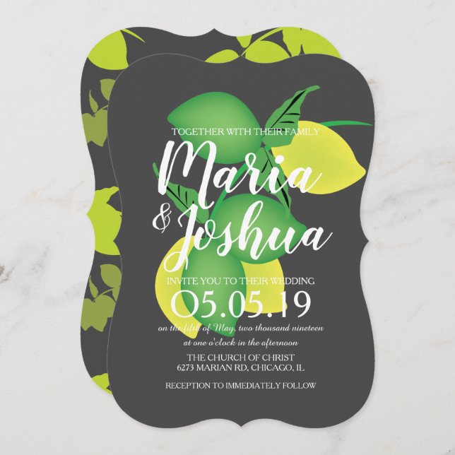 Fresh Green Yellow Lemon Silo Pattern Grey Wedding Invitation (Front/Back)