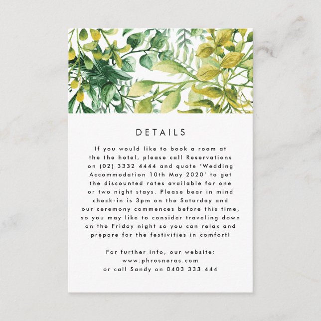 Fresh Greenery Leafy Plants Wedding enclosure card (Front)