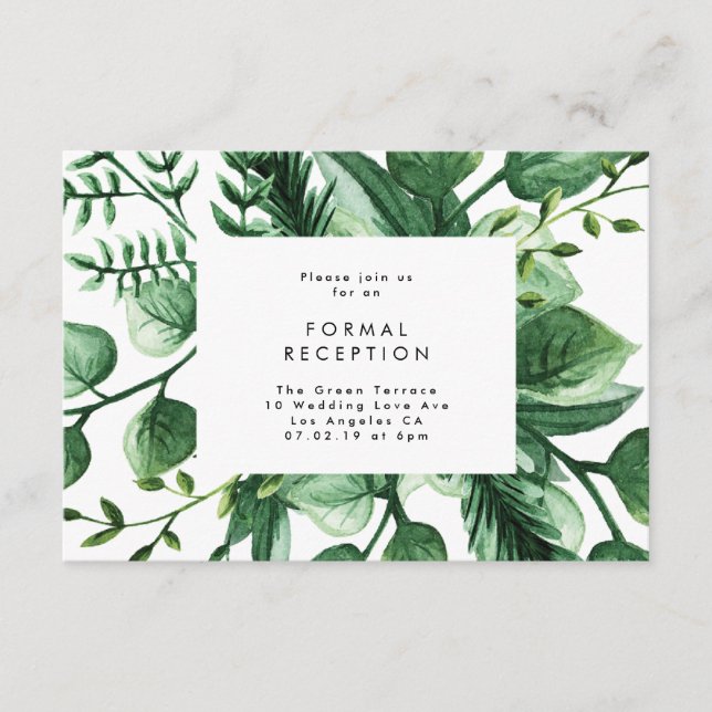 Fresh Greenery Leafy Plants Wedding Reception Card (Front)