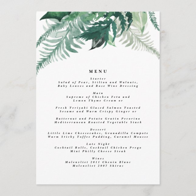 Fresh Greenery Modern Watercolor Wedding Menu (Front)
