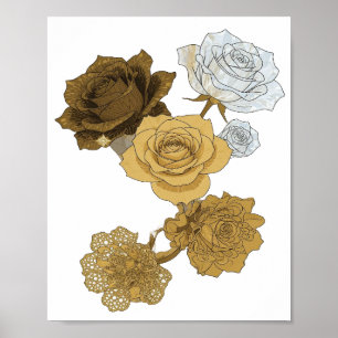 Fresh Grey GOLDEN ROSES 3D Text Art Poster