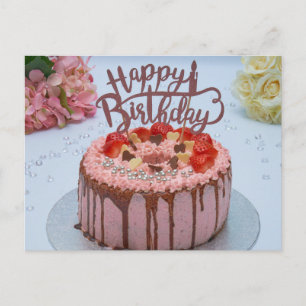 Fresh Happy birthday cake white table cloth flower Postcard