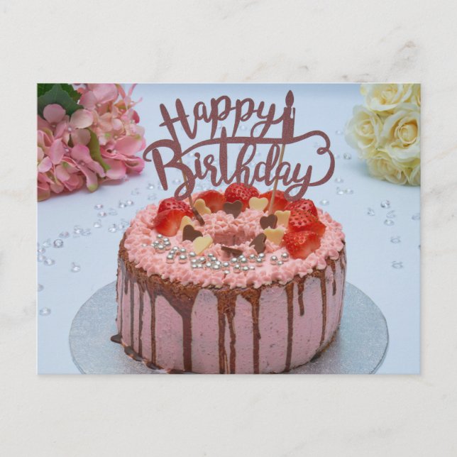 Fresh Happy birthday cake white table cloth flower Postcard (Front)