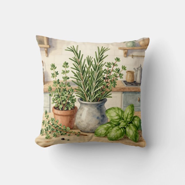 Fresh Kitchen Herbs Watercolor  Cushion (Front)