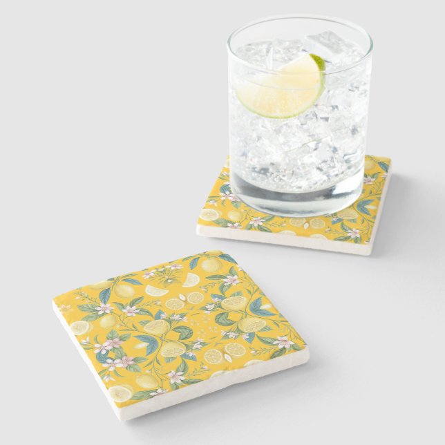 Fresh Lemon Floral Botanical Pattern  Stone Coaster (Side)