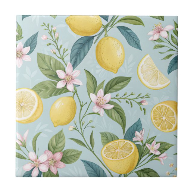 Fresh Lemon Floral Botanical Pattern  Tile (Front)