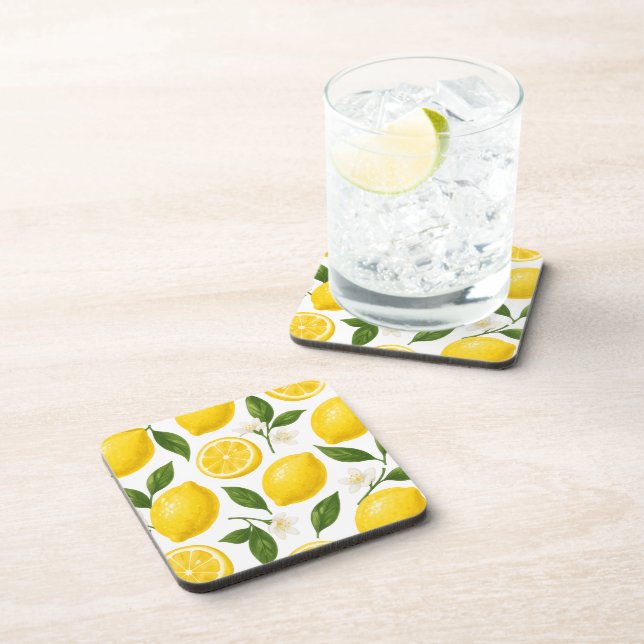 Fresh Lemon Pattern with Leaves & Blossoms  Coaster (Right Side)