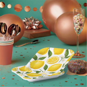 Fresh Lemon Pattern with Leaves & Blossoms Paper Plate