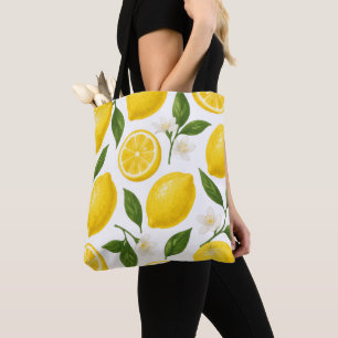 Fresh Lemon Pattern with Leaves & Blossoms Tote Bag