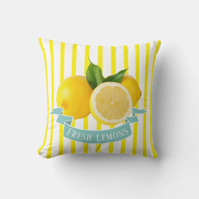 Fresh Lemons and Yellow Stripes Throw Pillow (Front)