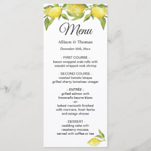 Fresh Lemons Blossom Greenery Wedding Menu Card