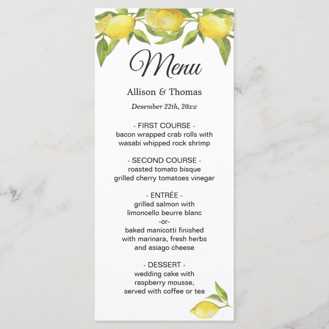Fresh Lemons Blossom Greenery Wedding Menu Card (Front)