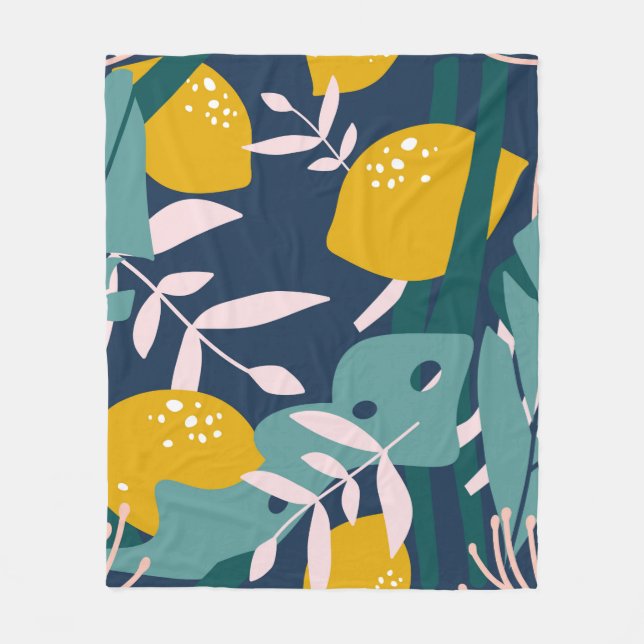 Fresh lemons, leaves background. Hand drawn overla Fleece Blanket (Front)