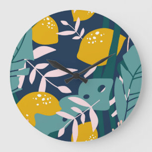 Fresh Lemons: Overlapping Vintage Pattern Large Clock