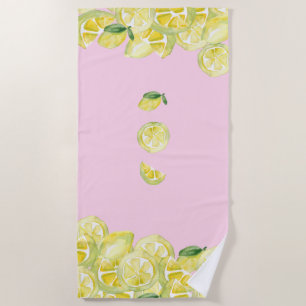 Fresh Lemons Pink Yellow Watercolor Lemons Beach Towel