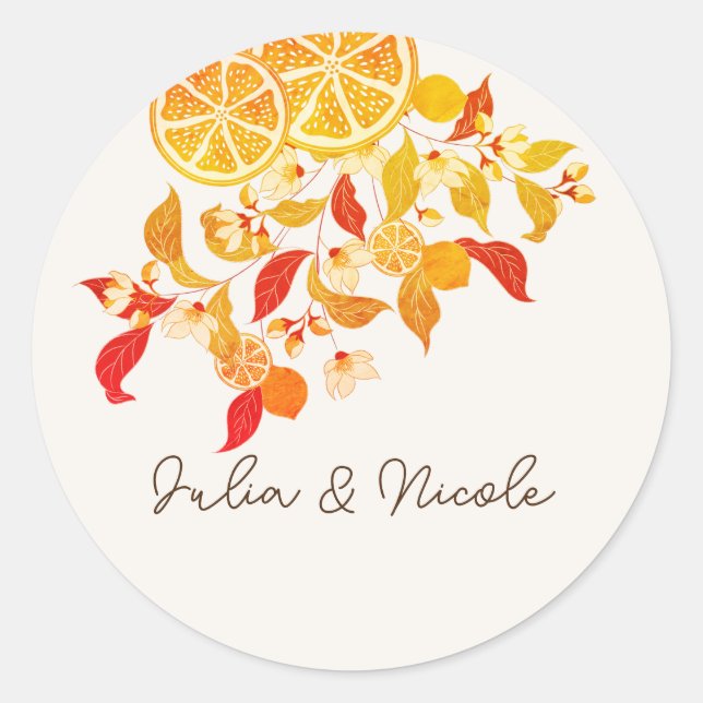 Fresh Lemony Love Citrus Foliage Wedding Classic Round Sticker (Front)