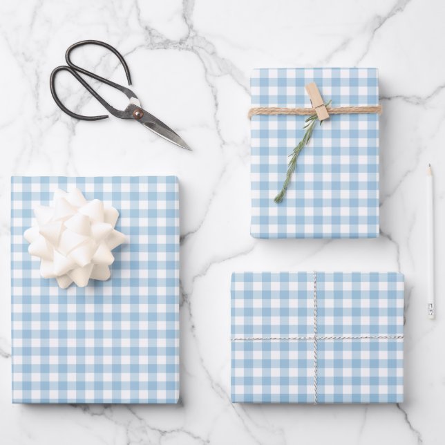 Fresh Light Blue Gingham Check Pattern Wrapping Paper Sheet (Front)