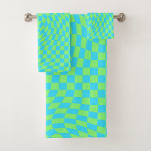 Fresh Light Blue & Green Warped Chequered Pattern  Bath Towel Set