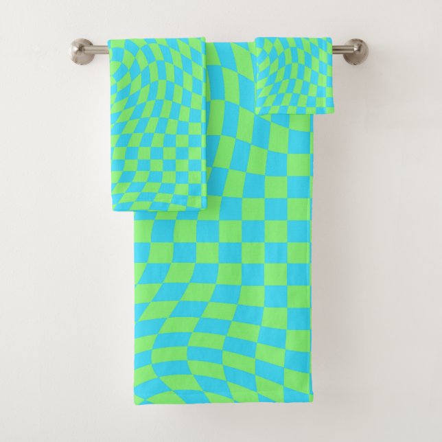 Fresh Light Blue & Green Warped Chequered Pattern  Bath Towel Set (Insitu)