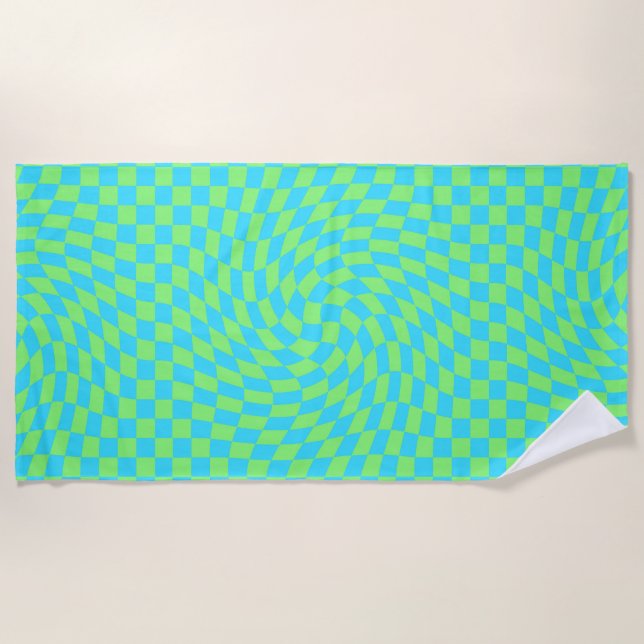 Fresh Light Blue & Green Warped Chequered Pattern  Beach Towel (Front)