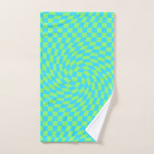 Fresh Light Blue & Green Warped Chequered Pattern  Hand Towel