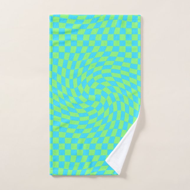 Fresh Light Blue & Green Warped Chequered Pattern  Hand Towel (Hand Towel)