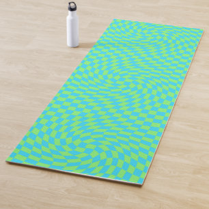 Fresh Light Blue & Green Warped Chequered Pattern Yoga Mat