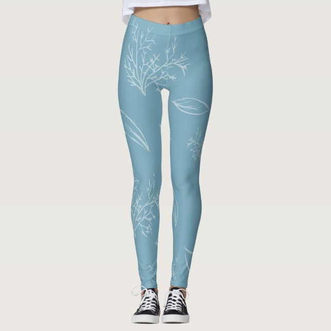 Fresh Light Blue Natural Pencil Sketch Floral Leggings (Front)
