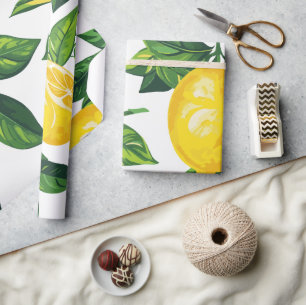 Fresh Mediterranean Lemon and Green Leaves Wrapping Paper
