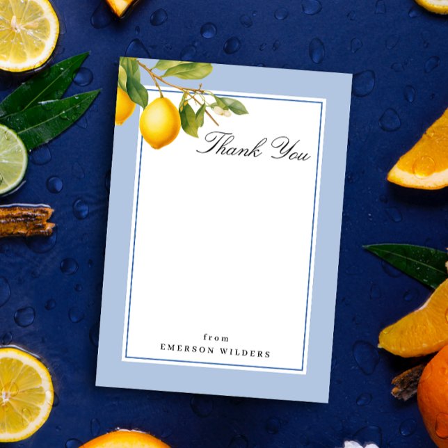 Fresh Mediterranean Lemon Blue and White Thank You (Chic blue and white lemon theme flat thank you note stationery. Photo by Mohammad Metri on Unsplash)