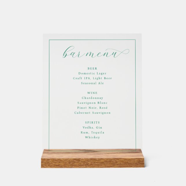 Fresh Mint Minimalist Bar Menu Acrylic Sign (Front)