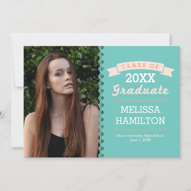 Fresh Mint & Orange Stripes Photo Graduation Invitation (Front)