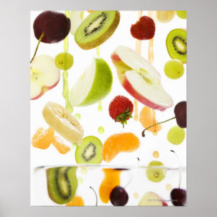 Fresh mixed fruit with apple & orange juice poster