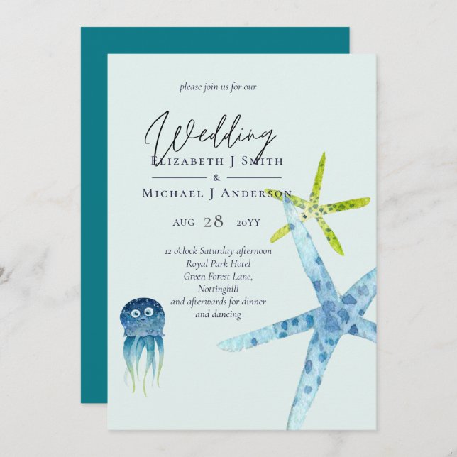 Fresh Modern Beach Ocean Life Wedding Invitations (Front/Back)