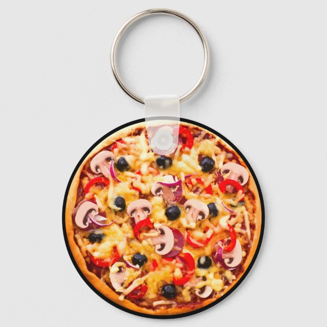 Fresh Mushrooms Topping Pizza Theme Key Ring (Front)