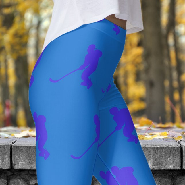 Fresh Navy Blue Womens Ice Hockey Pattern Leggings (Womens Ice Hockey on Bright Navy Blue Leggings)