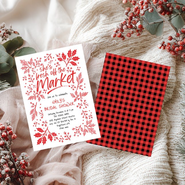 Fresh off Market Gingham Christmas Bridal Shower Invitation (Front and back)