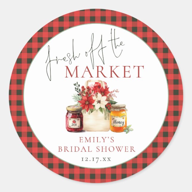 Fresh Off Market Red Green Gingham Bridal Shower Classic Round Sticker (Front)