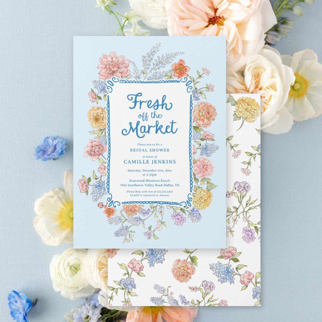 Fresh off the Market Blue Bridal Shower Invitation (Blue Floral Fresh off the market bridal shower invite)