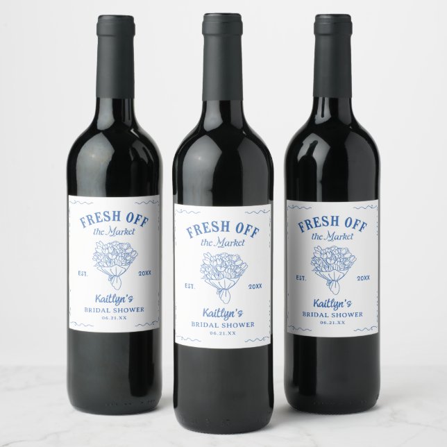 Fresh Off The Market Blue Bridal Shower Wine Label (Bottles)