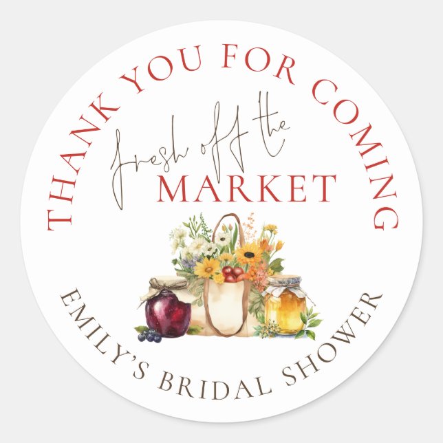 Fresh Off The Market Bridal Shower Thank You Classic Round Sticker (Front)